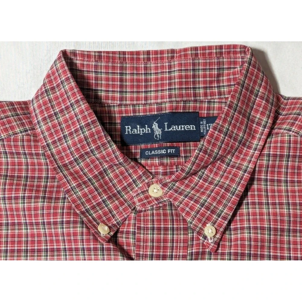 VTG POLO RALPH LAUREN CLASSIC FIT Men XL (17‎ 1/2) Red Plaid Cotton Shirt EUC